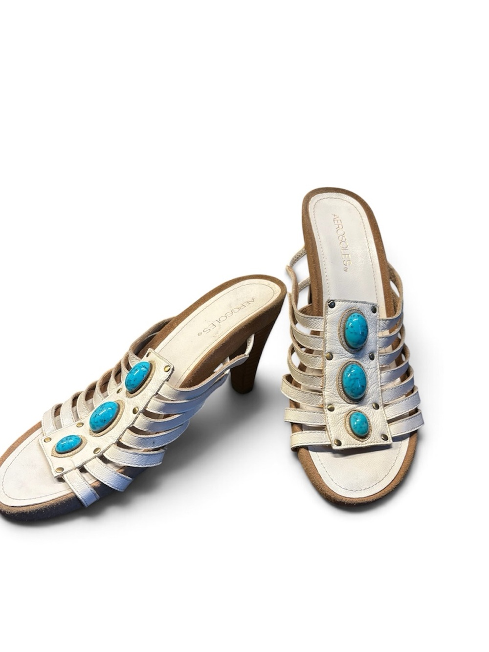 AEROSOLES White Strappy Mules with Turquoise Stones